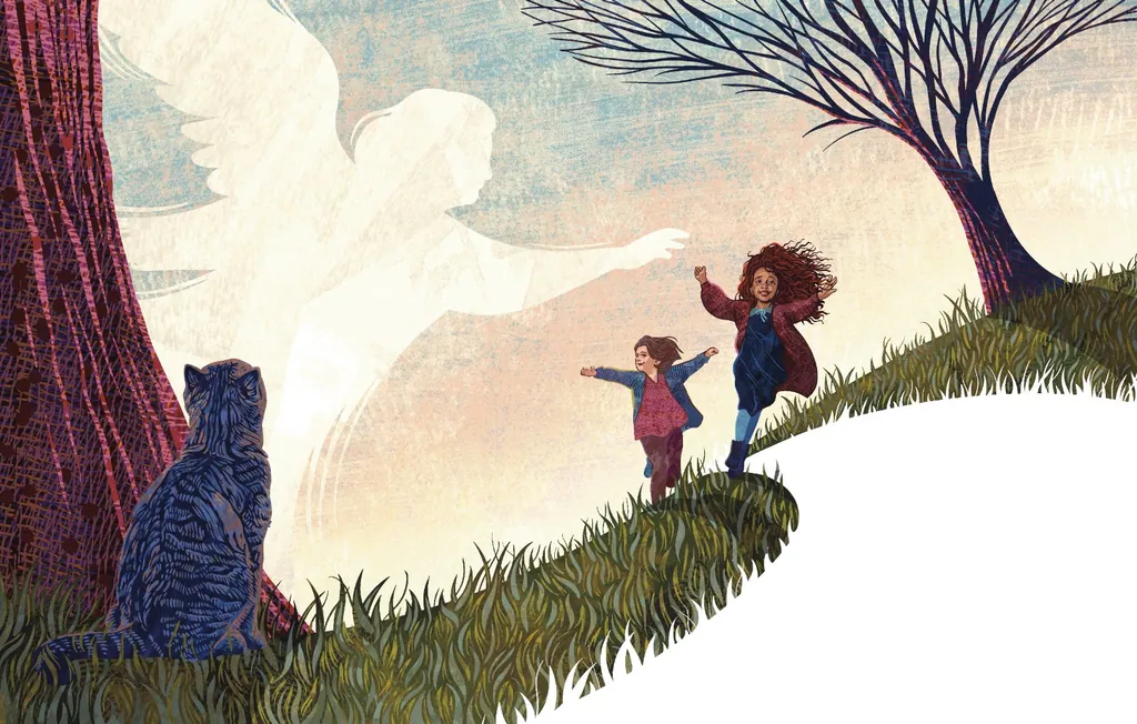 Two girls running downhill toward a pale winged figure, a cat watching