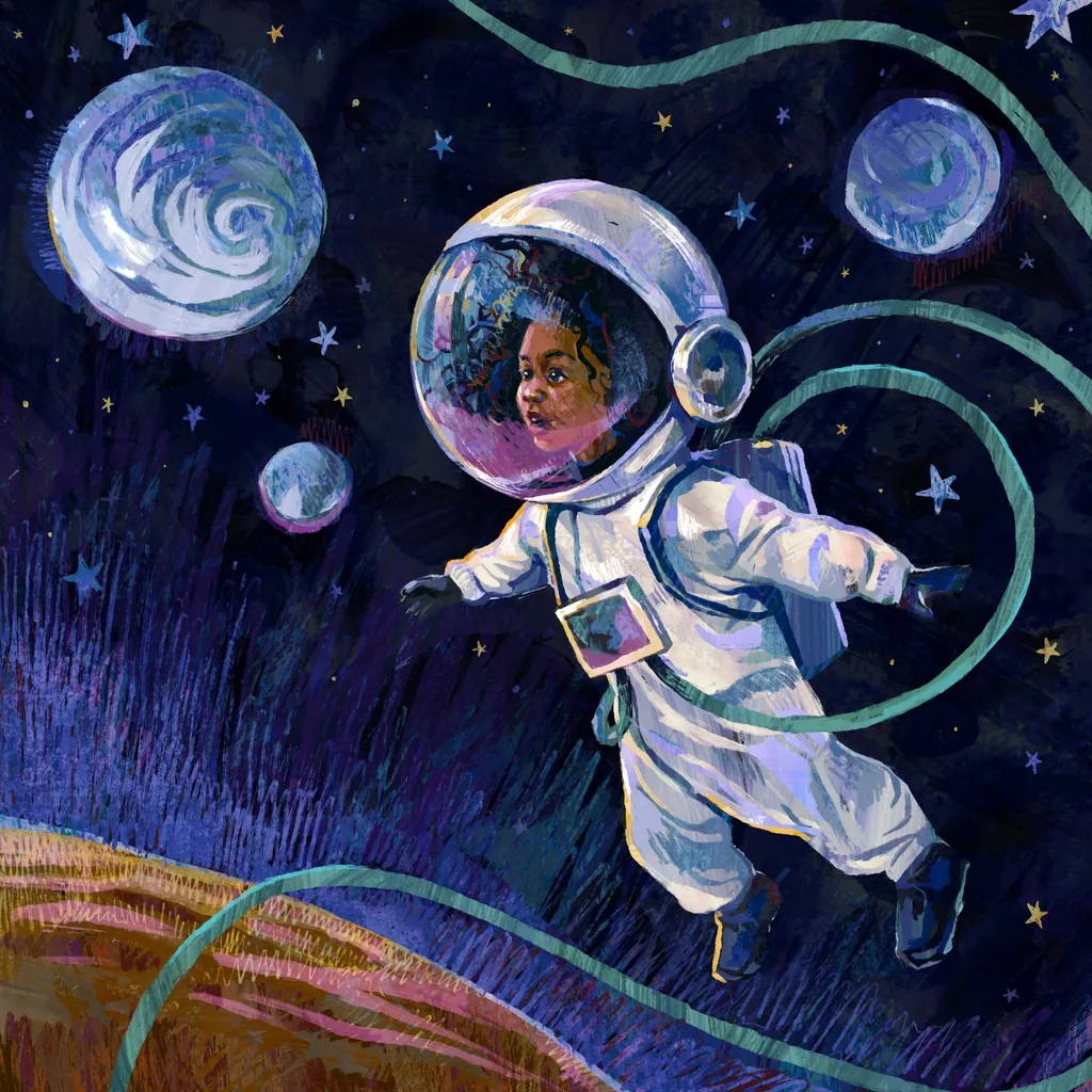 Child astronaut floating among swirling planets and stars