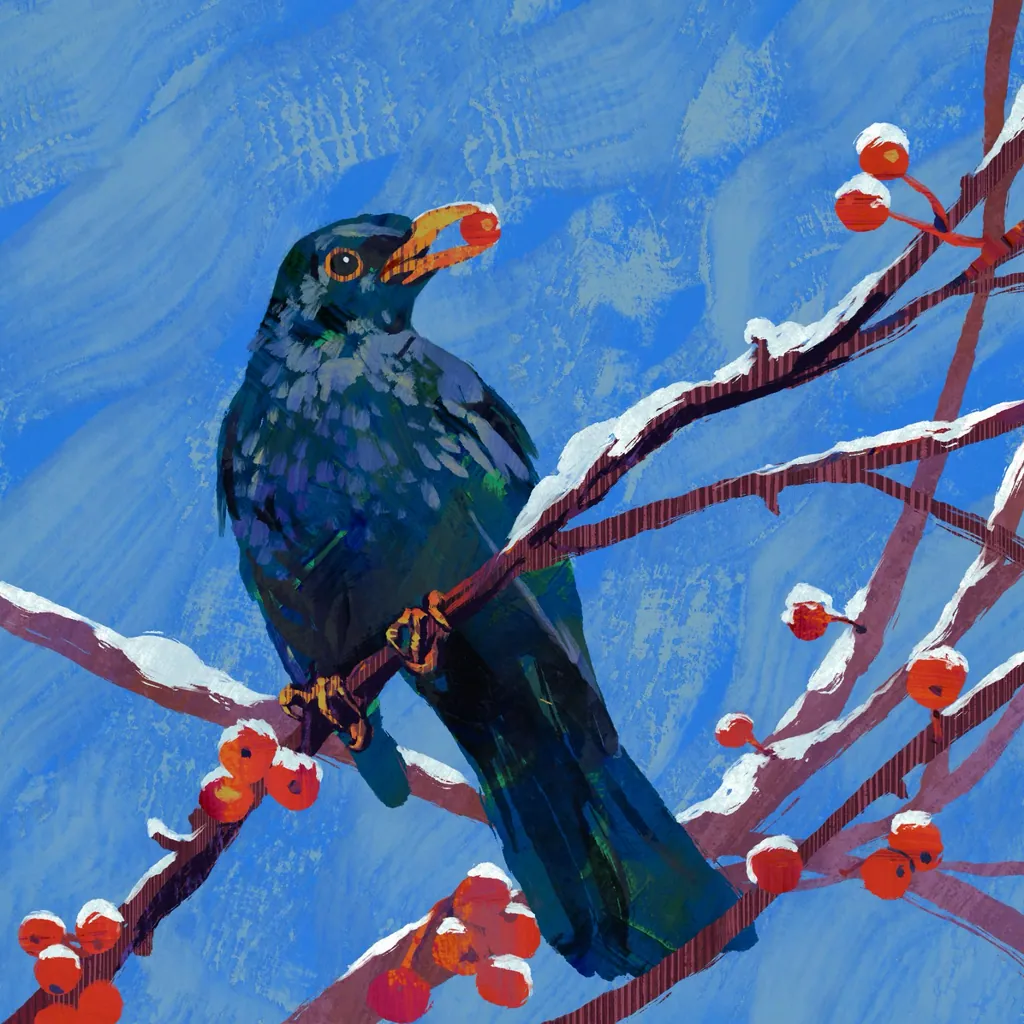 Blackbird with a red berry on a snowy branch against a blue sky