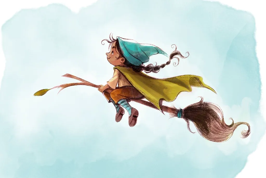 Young witch flying a broom in a teal hat and yellow cape