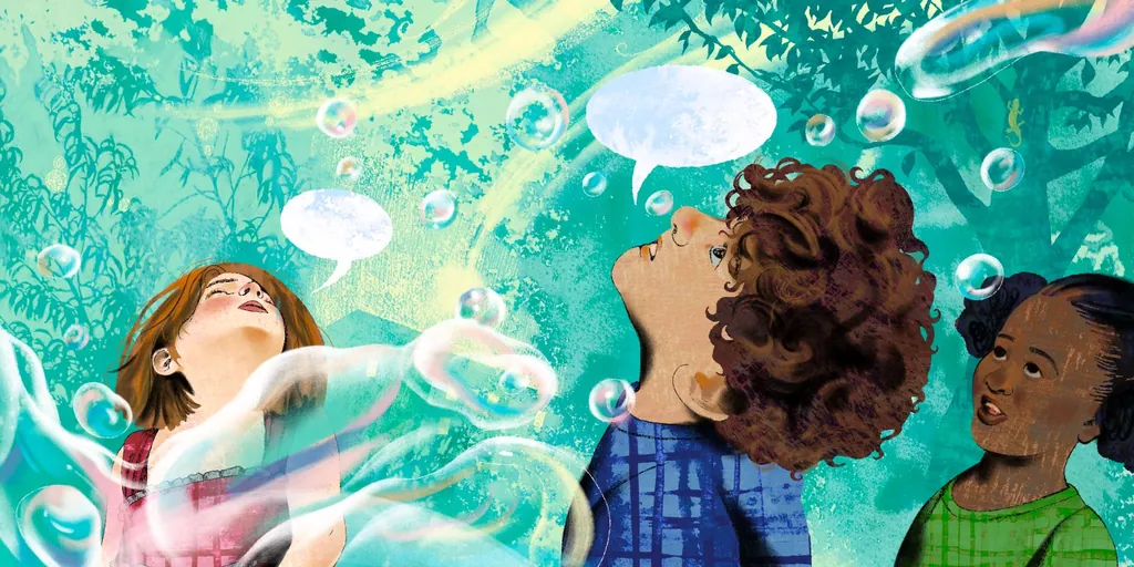 Three children gazing up at soap bubbles under green trees