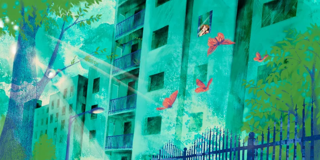 Orange butterflies drifting past a teal apartment block, a girl watching from a window