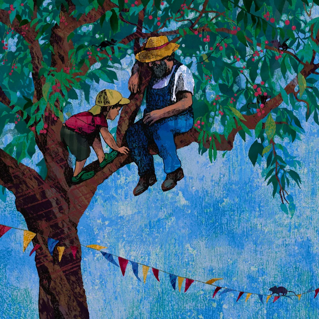 Boy climbing a cherry tree toward a man in a straw hat