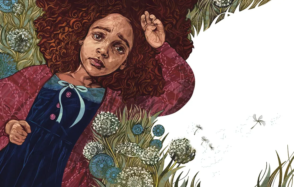Curly-haired girl lying among dandelions