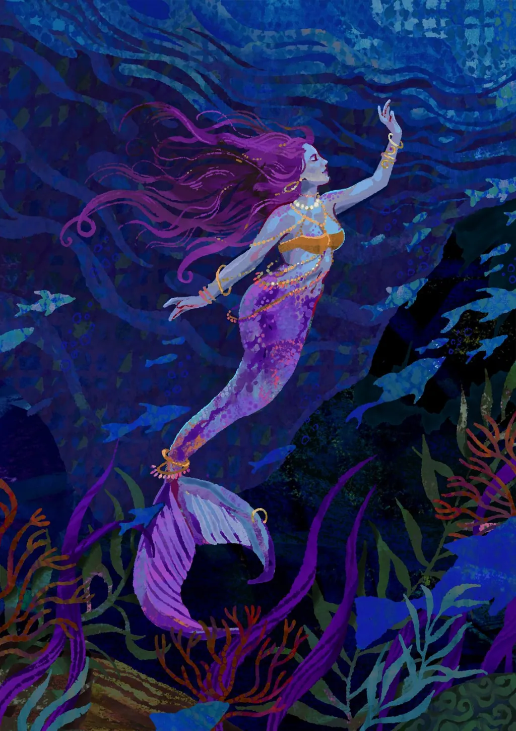 Violet-haired mermaid rising through deep blue water among fish
