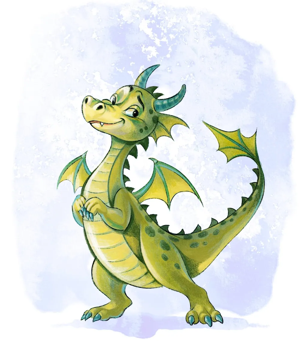 Smiling green dragon on a lavender wash