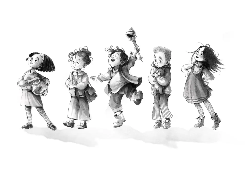Pencil lineup of five children