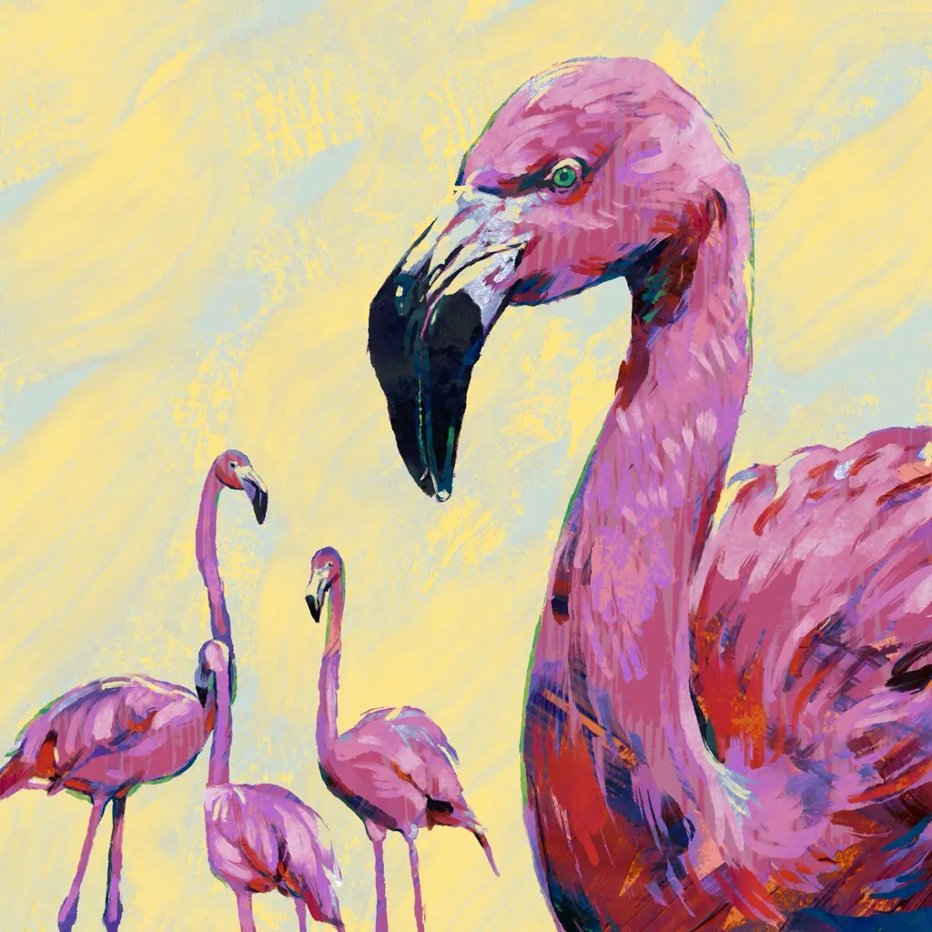Flamingos painted in pinks against a pale yellow sky