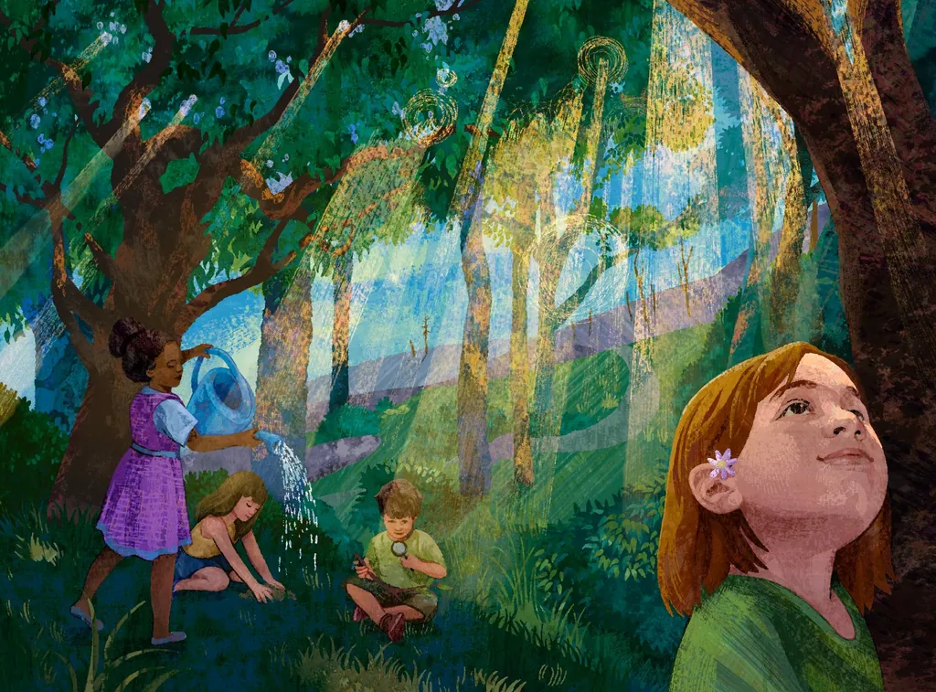 Children tending a sunlit forest while a red-haired girl looks up