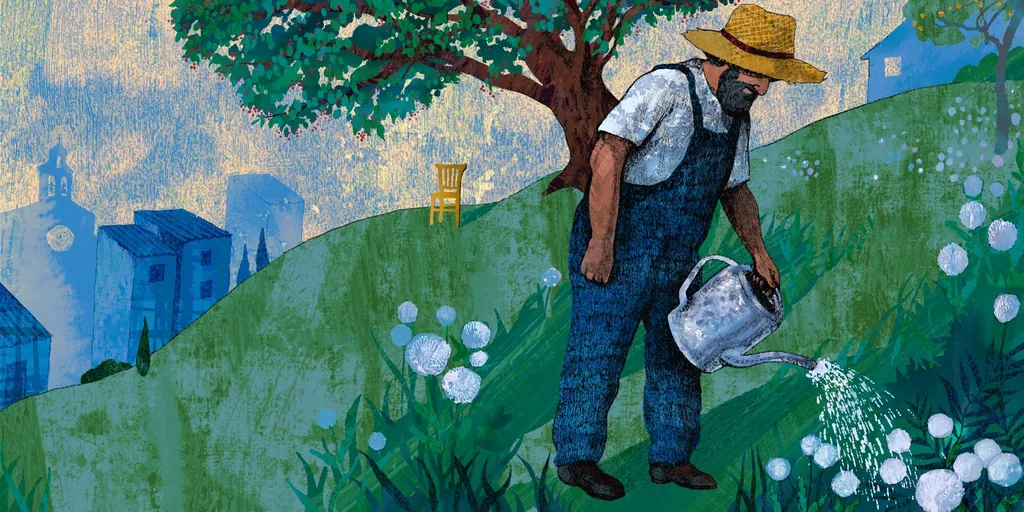 Man in overalls watering white flowers above a hillside village