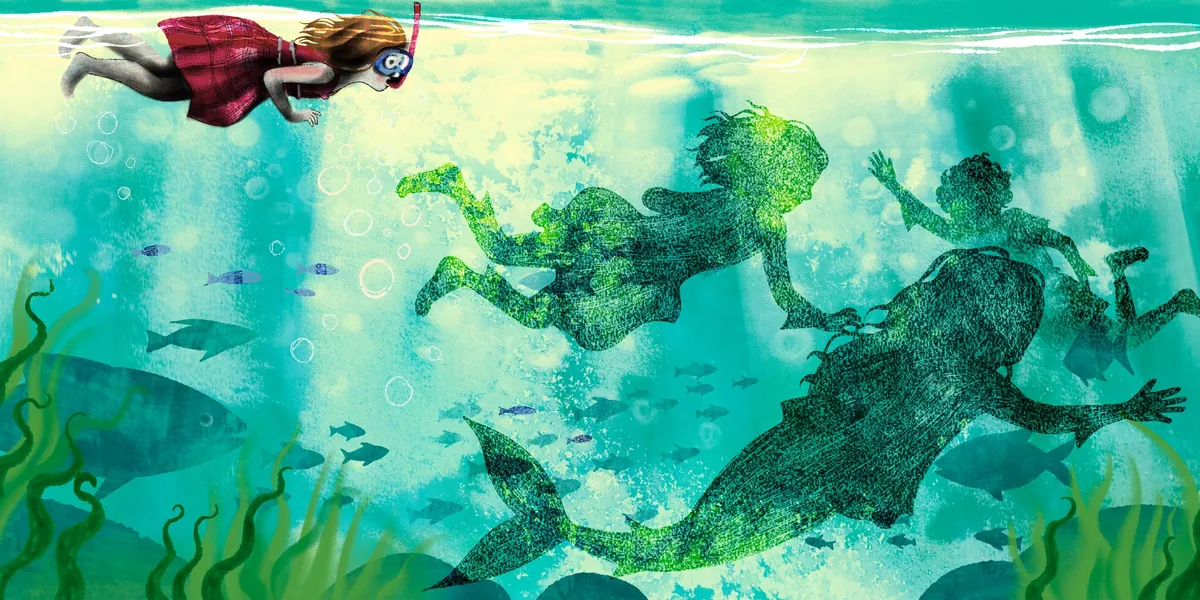Snorkelling girl looking down at shadowy swimmers and a mermaid in turquoise water