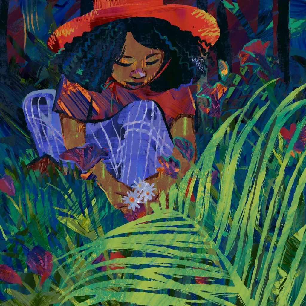 Girl in a red hat holding daisies among lush jungle leaves