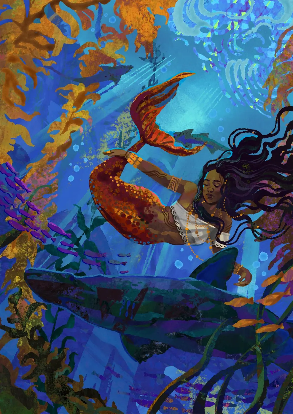 Mermaid with an orange tail swimming over a whale through golden kelp