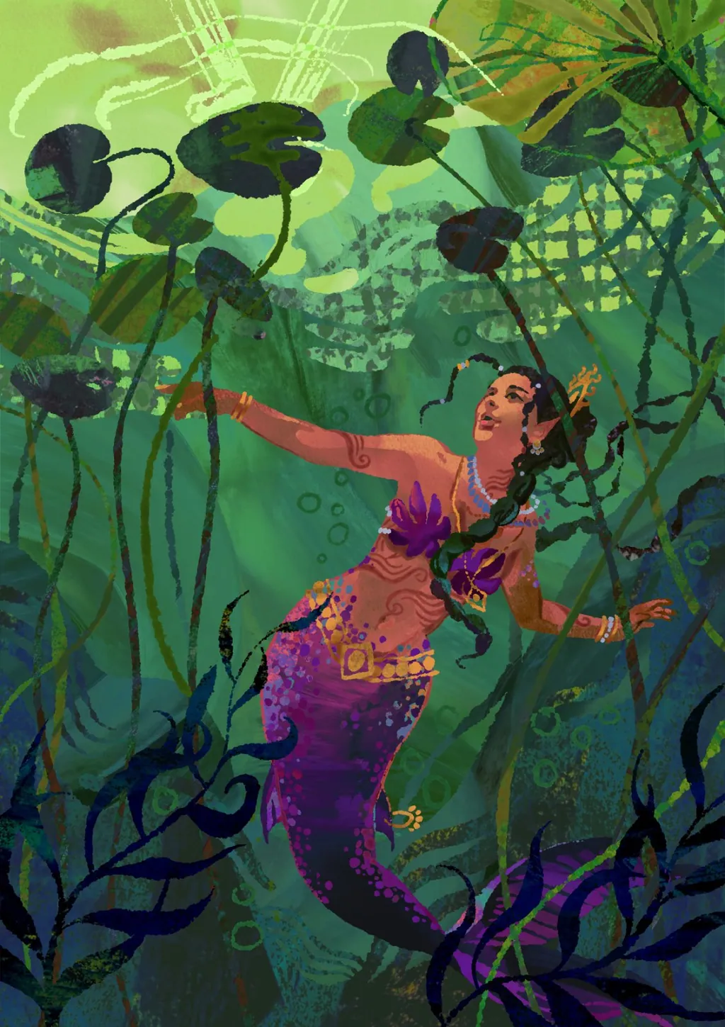 Mermaid reaching up through green water beneath lily pads