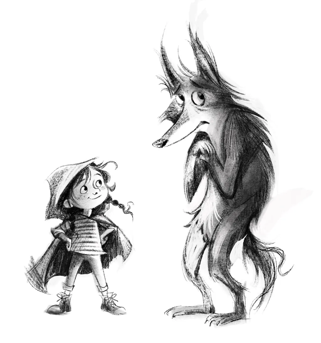 Pencil sketch of a girl in a hooded cape facing a tall wolf