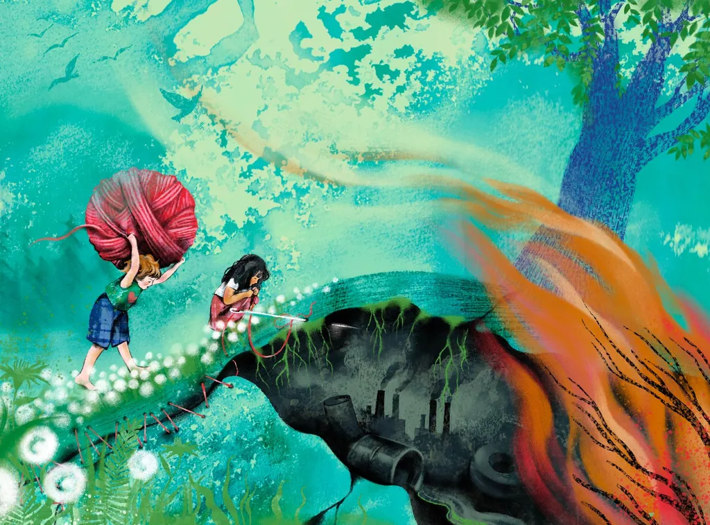 Two children stitching a torn hillside with red yarn