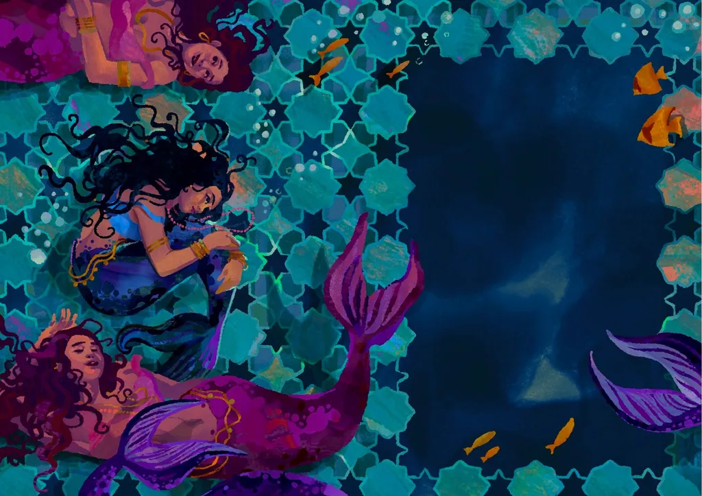 Mermaids curled among teal star tiles beside a deep blue pool