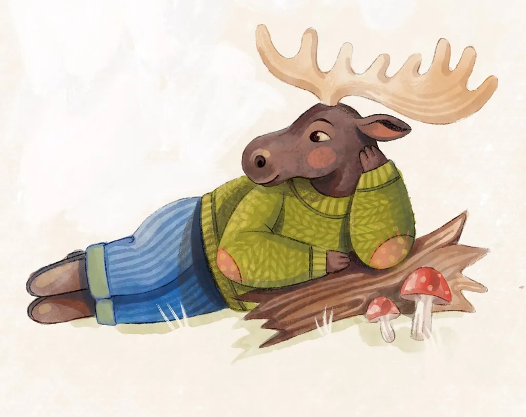 Moose in a green sweater lounging on a log by red mushrooms