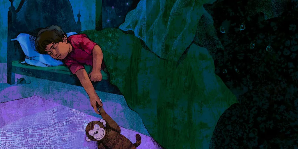 Sleeping boy reaching for his toy monkey while eyes glow in the dark