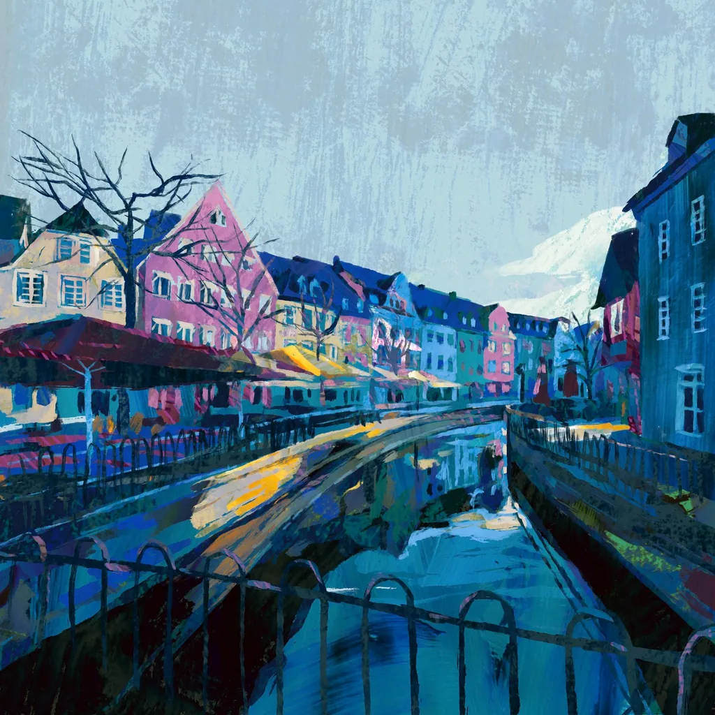 Painted canal street with pastel houses, bare trees and iron railings on a grey-blue day