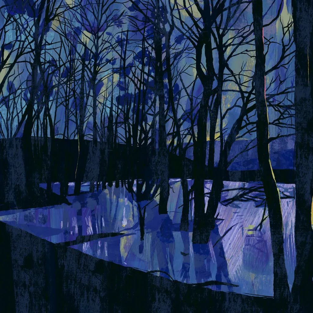 Bare dark trees standing in flooded water under a blue evening sky