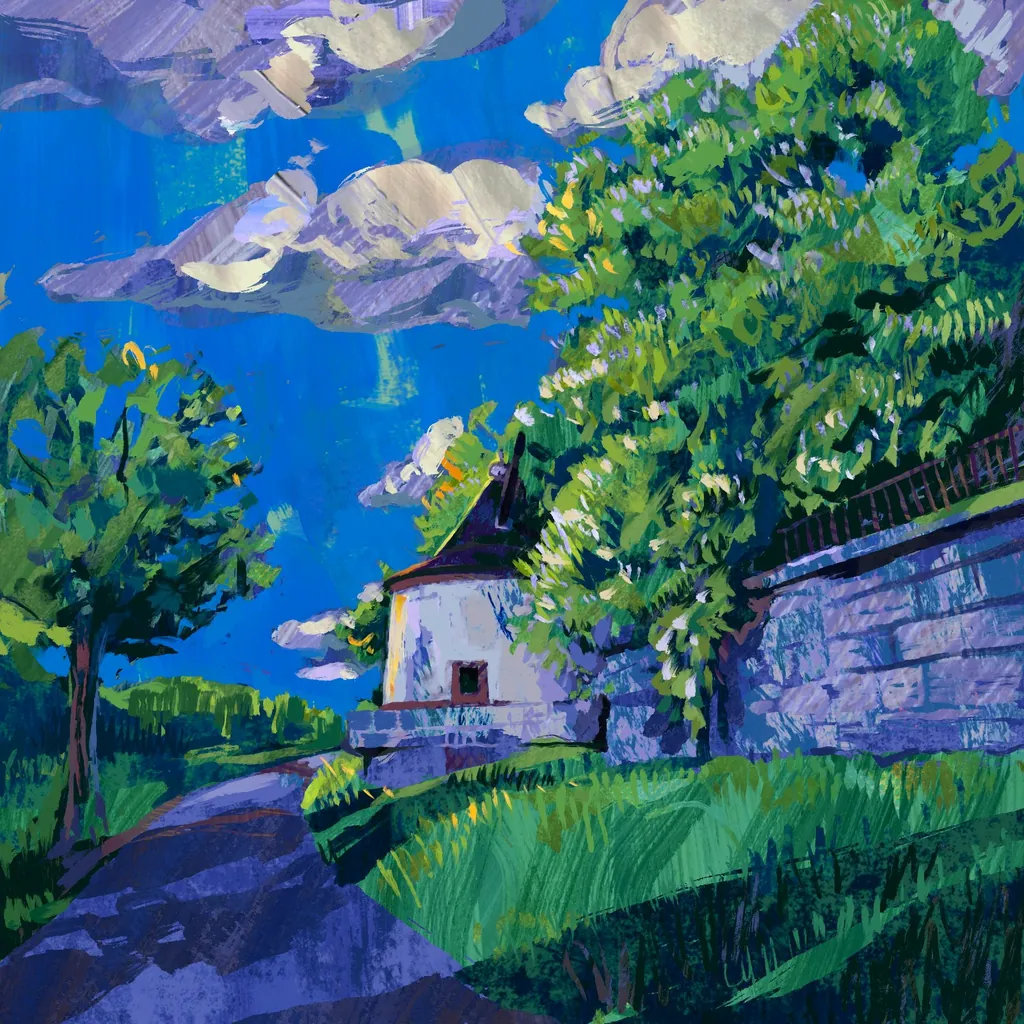 Small white garden house under a flowering tree, a path and wall beneath a bright blue sky