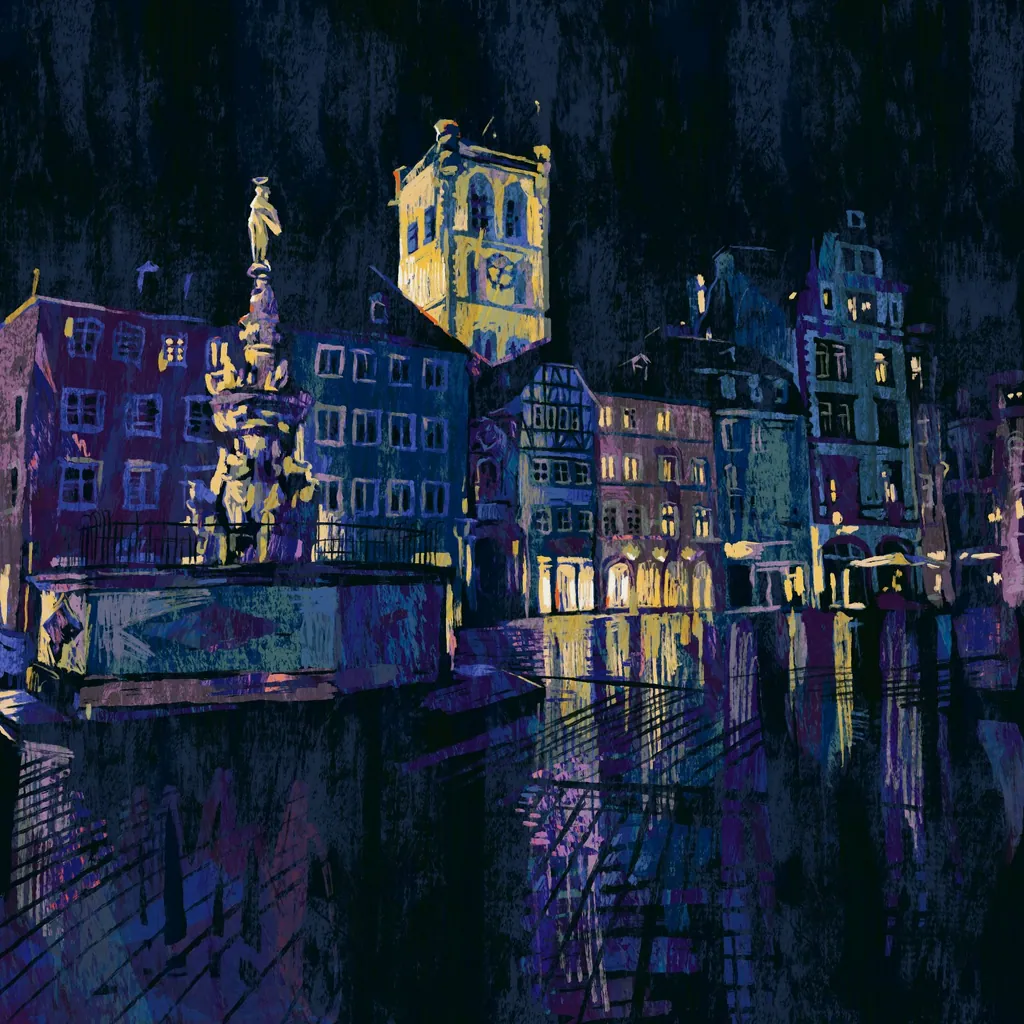 Night painting of a town square with a lit tower, fountain and glowing windows reflected on wet stone