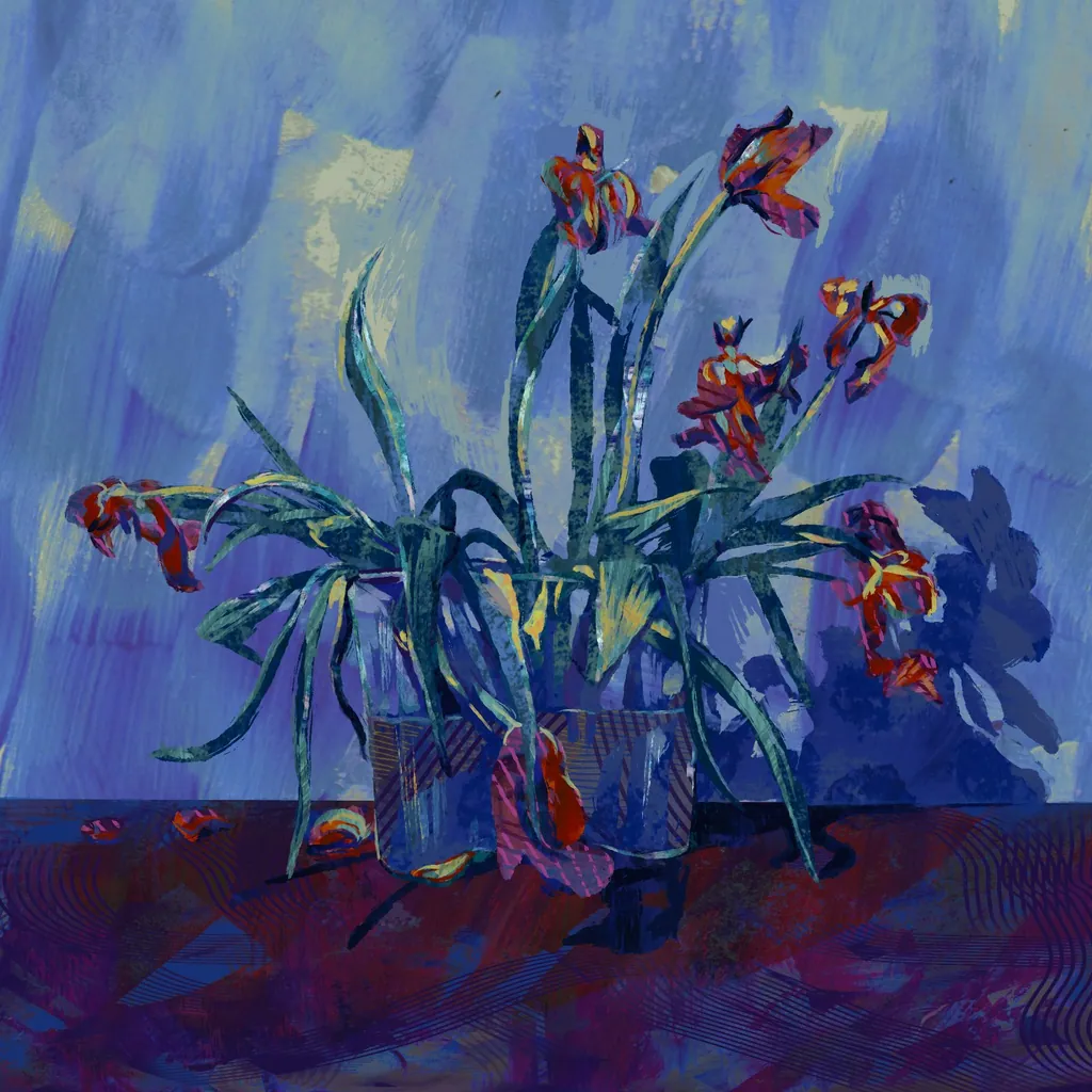 Wilting red tulips in glass vases on a dark red table against a blue wall