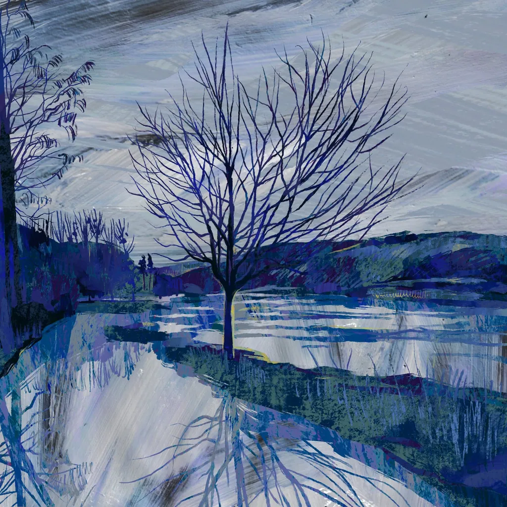 A bare tree beside a flooded meadow under a pale, brushy winter sky