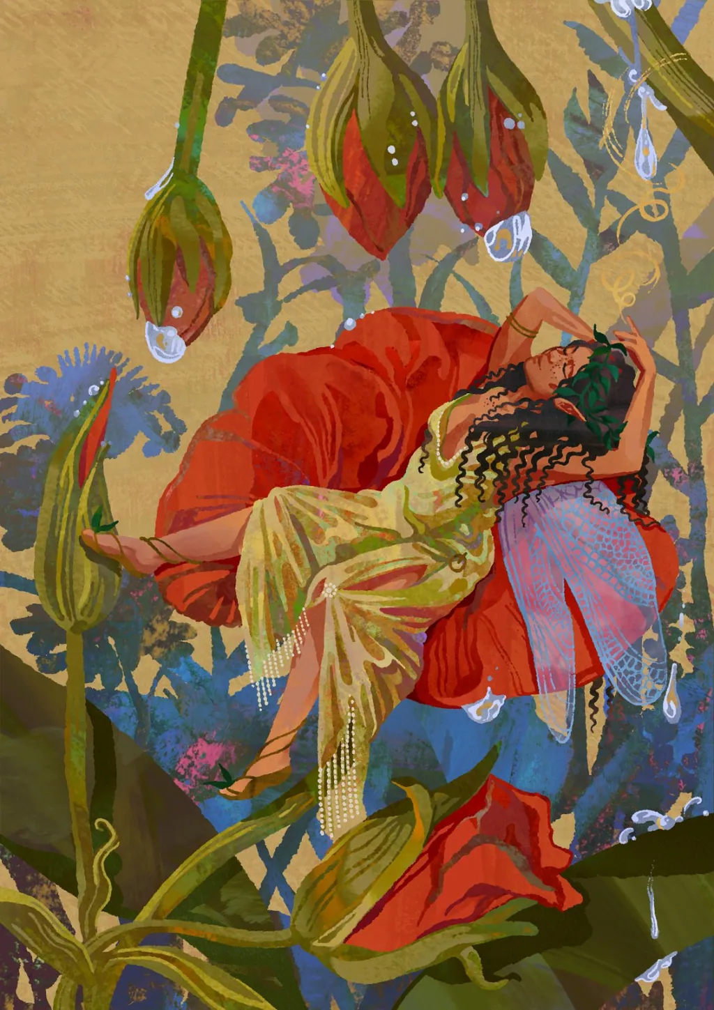 Fairy asleep in a red poppy among blue flowers