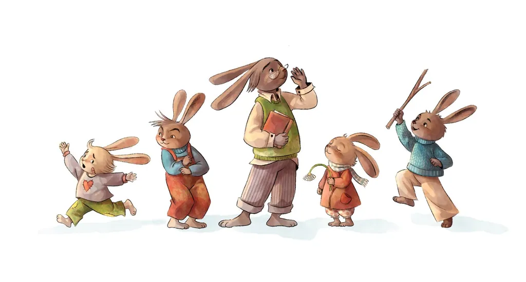 Lineup of rabbit characters in sweaters and overalls