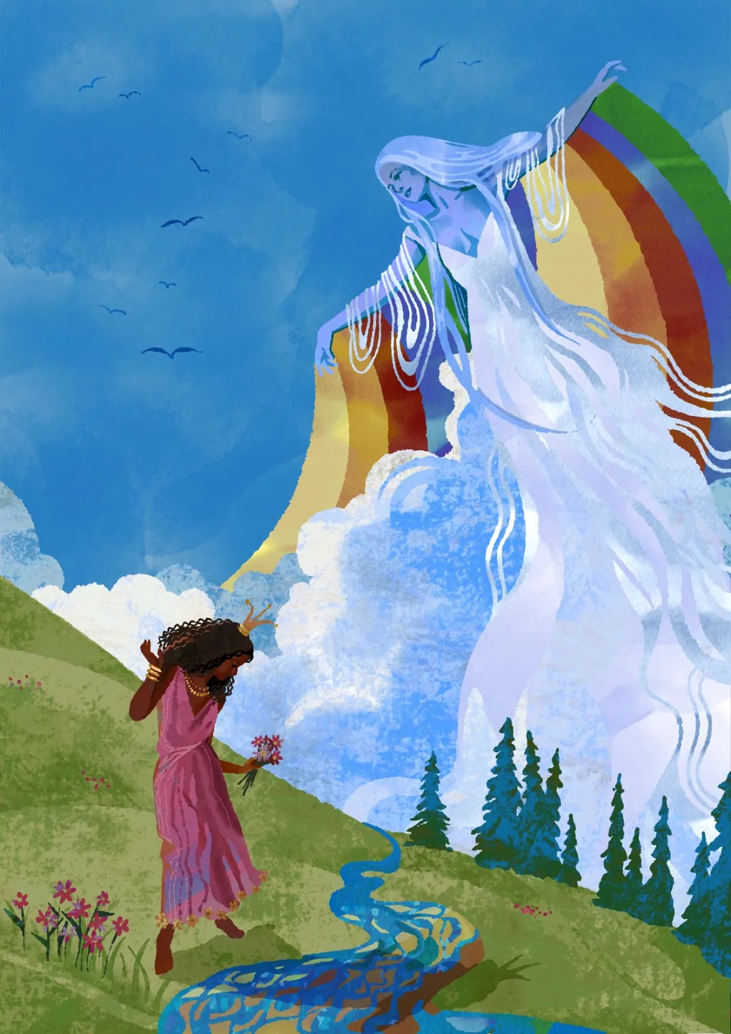 Girl on a hillside below a rainbow sky spirit