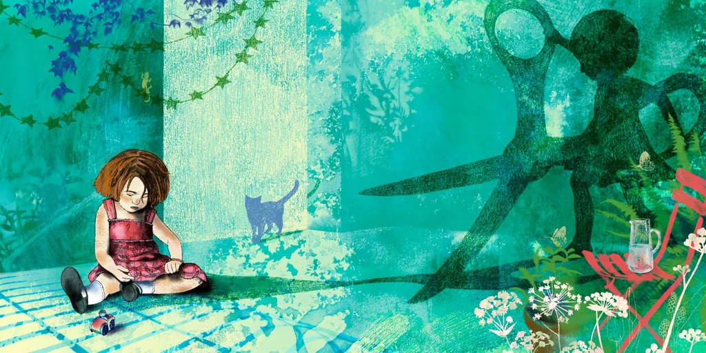 Girl sitting on a sunlit floor beside the shadow of giant scissors