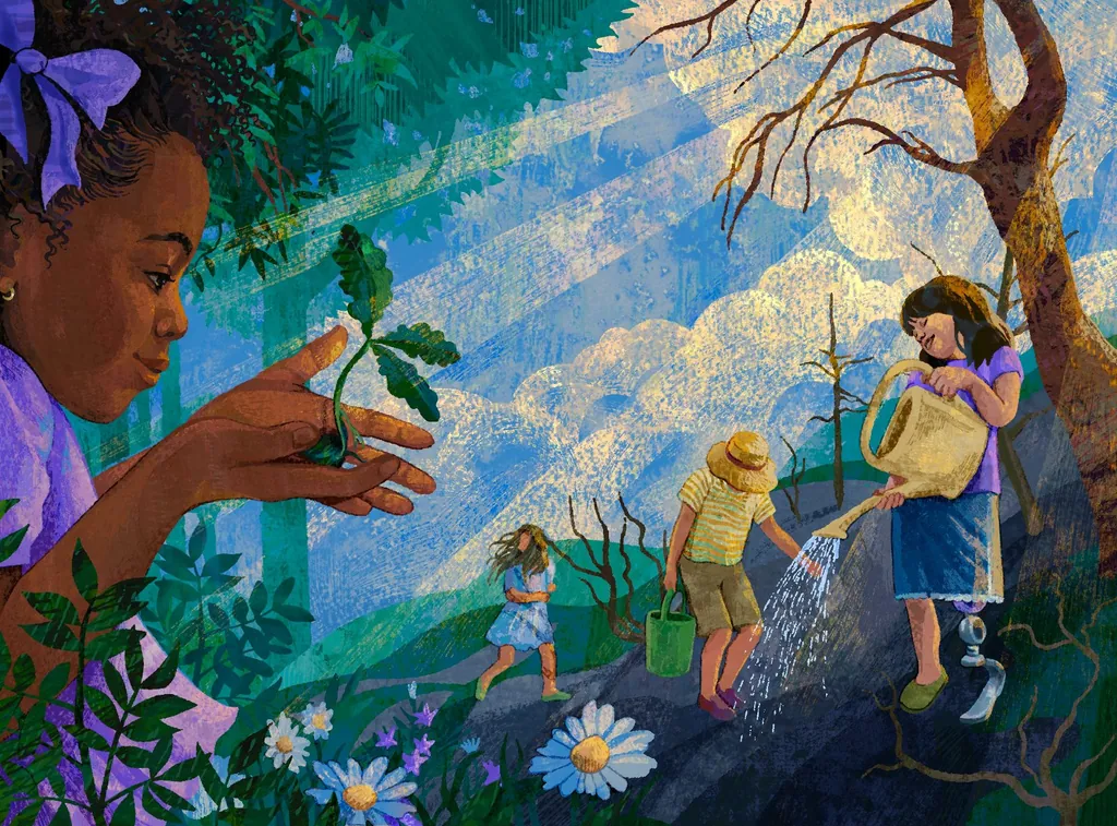 Girl holding a seedling while children water a hillside