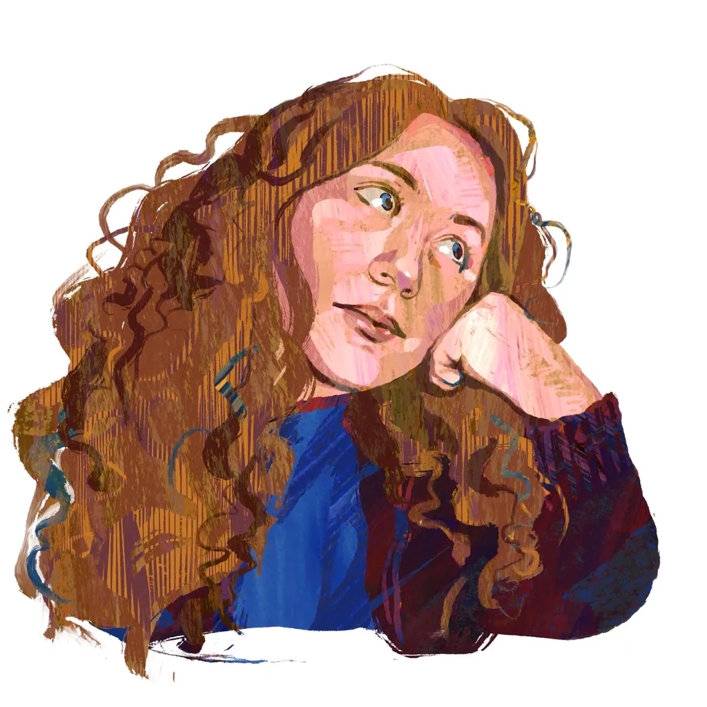 Painted self-portrait of Helen with long curly auburn hair, resting her chin on her hand