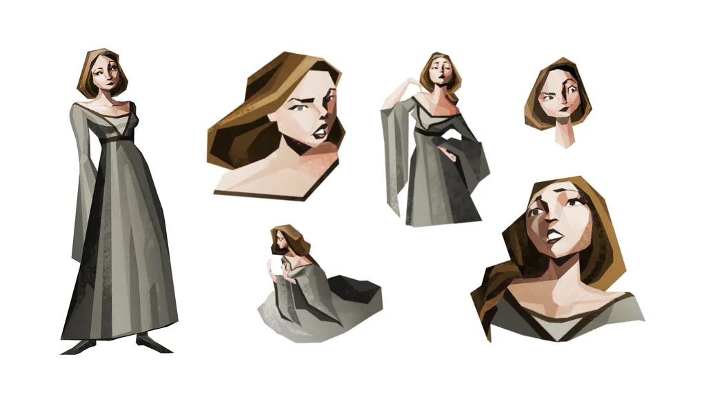 Character sheet of an auburn-haired woman in a grey gown, full figure and expressions