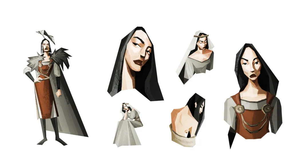 Character sheet of a dark-haired woman in a fur-trimmed cape and red tunic, full figure and close-ups