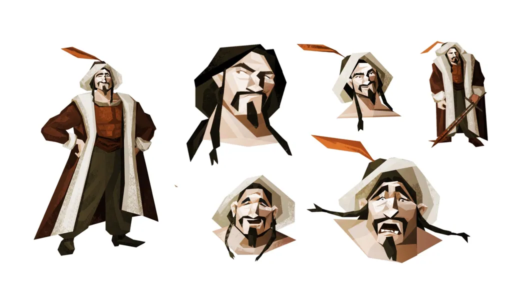 Character sheet of a man in a fur-lined coat and feathered hat, poses and expressions