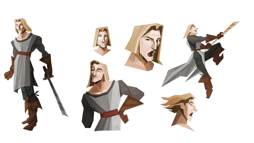 Character sheet of a blond swordsman in a grey tunic, poses and expressions