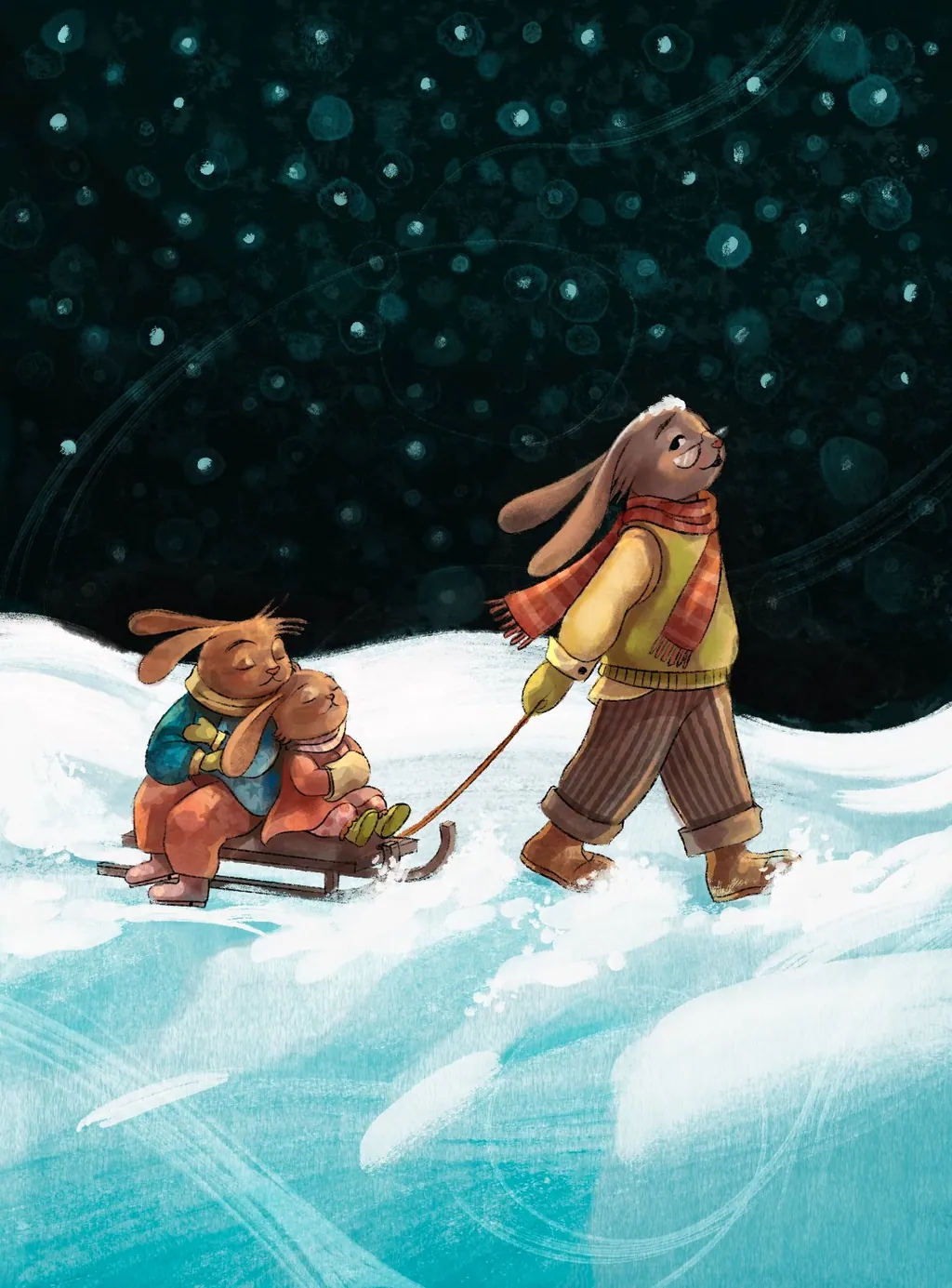 Rabbit pulling two sleeping rabbits on a sled through falling snow