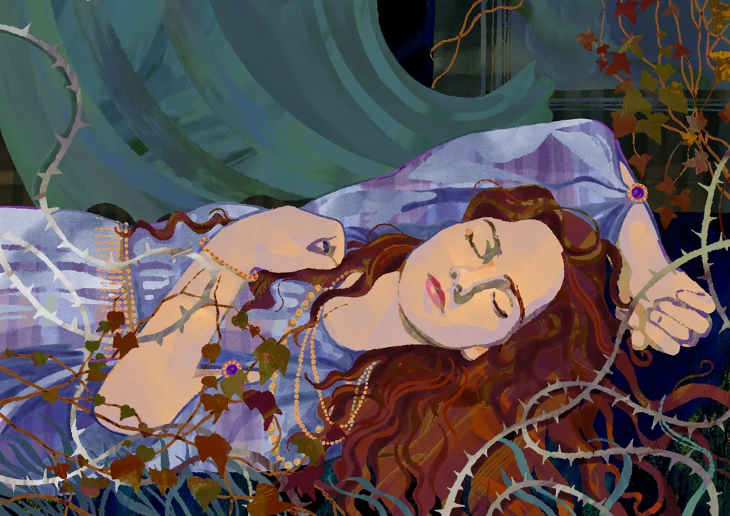 Sleeping woman in lavender wrapped in ivy and thorns