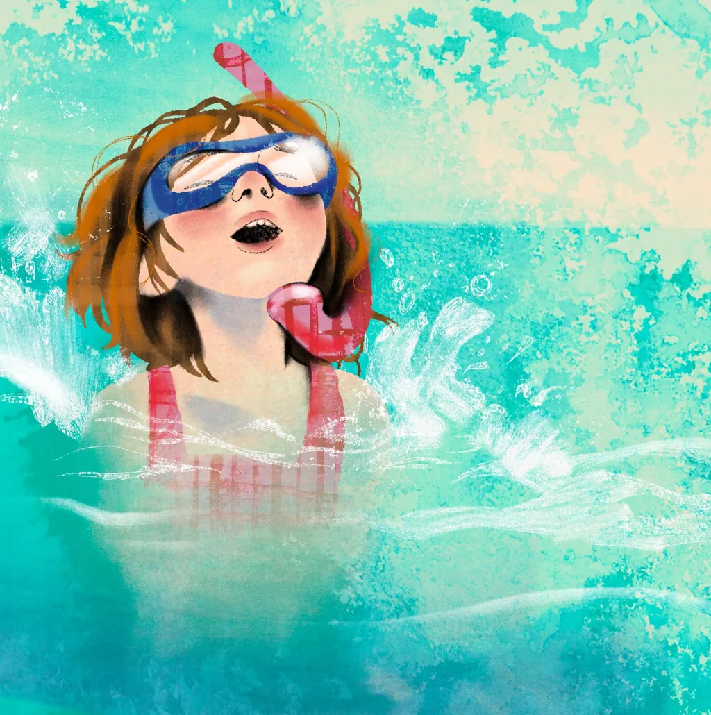 Girl in blue goggles and a pink snorkel splashing up from turquoise water