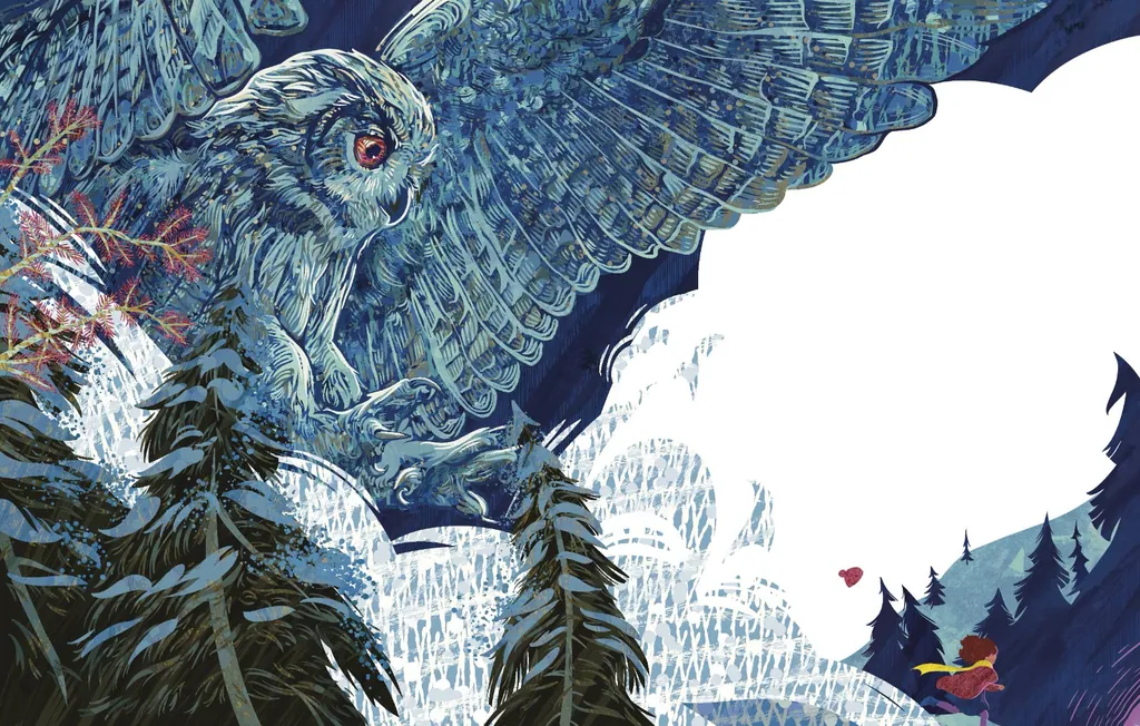 Great owl swooping over snowy pines toward a small running child