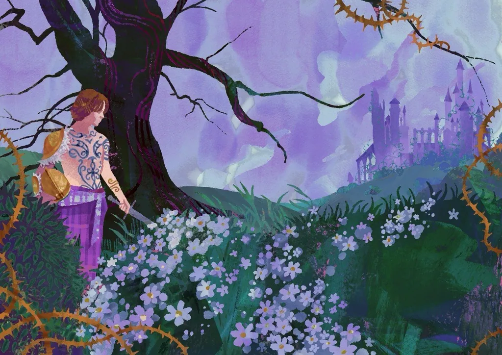 Young man by a twisted tree, a lavender castle behind thorns