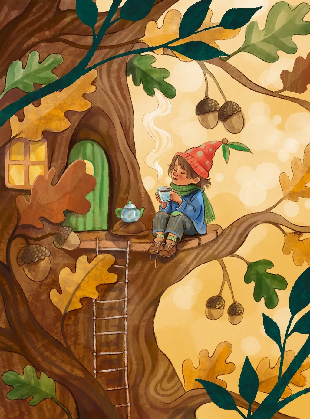 Child in a red hat drinking tea outside an oak treehouse