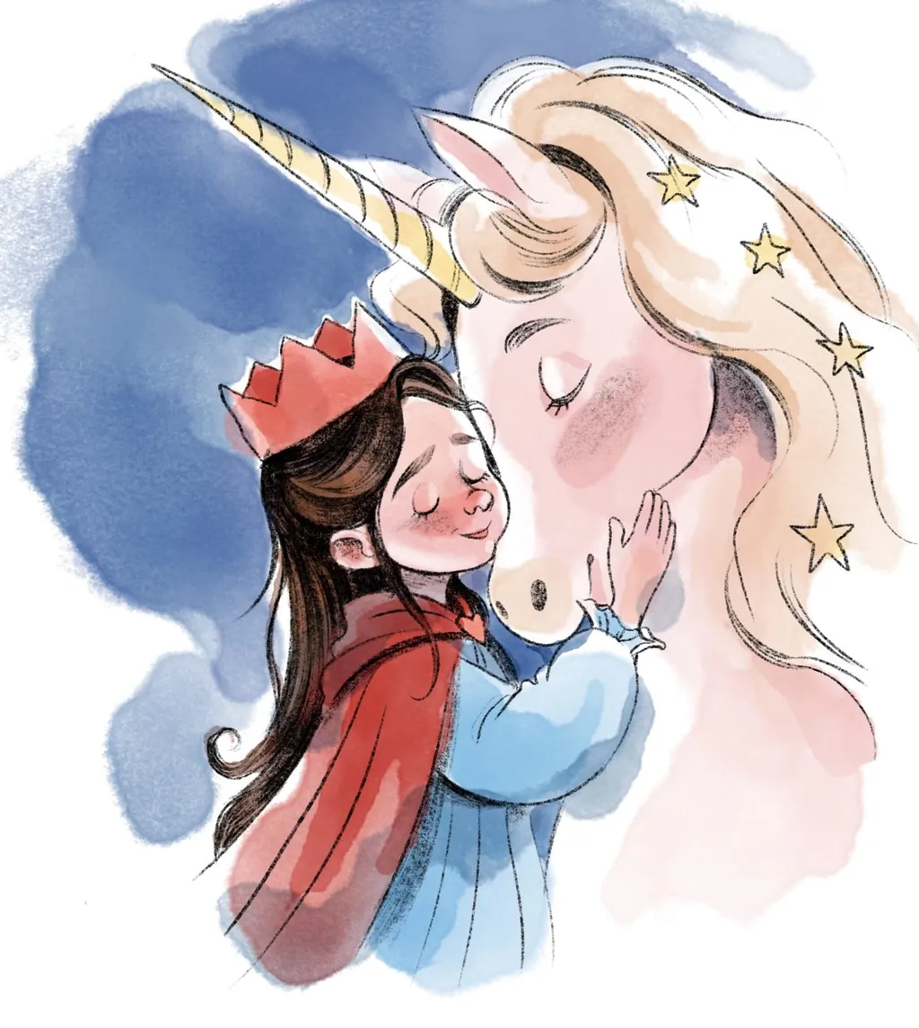 Girl in a paper crown hugging a unicorn
