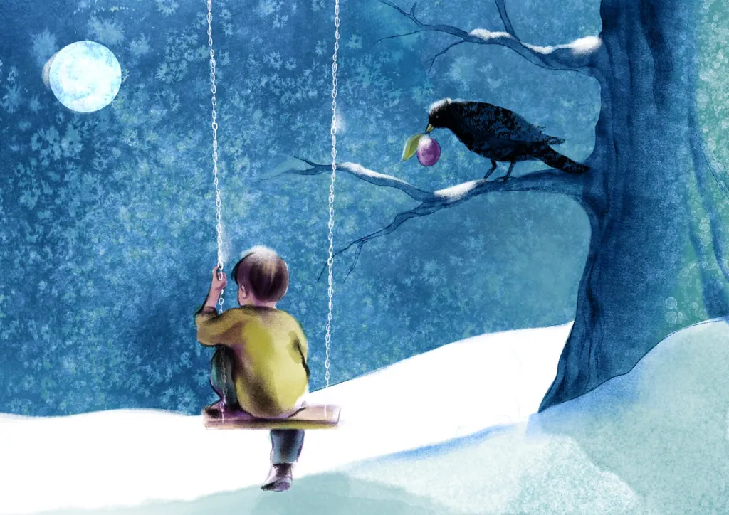 Boy on a swing in the snow, a crow holding a plum